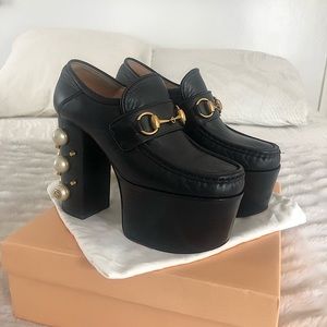 Gucci Gold Black Pearl Studded Vegas Loafers Platforms